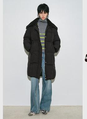 【舒心专属】UX 冬季新款 黑色大翻领中长款羽绒服女 保暖外