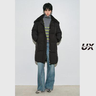 UX 冬季新款 黑色大翻领中长款羽绒服女