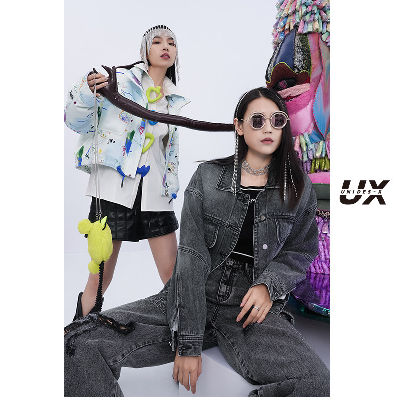 【昕怡粉丝专享】UX秋冬新款水洗做旧深灰色牛仔外套