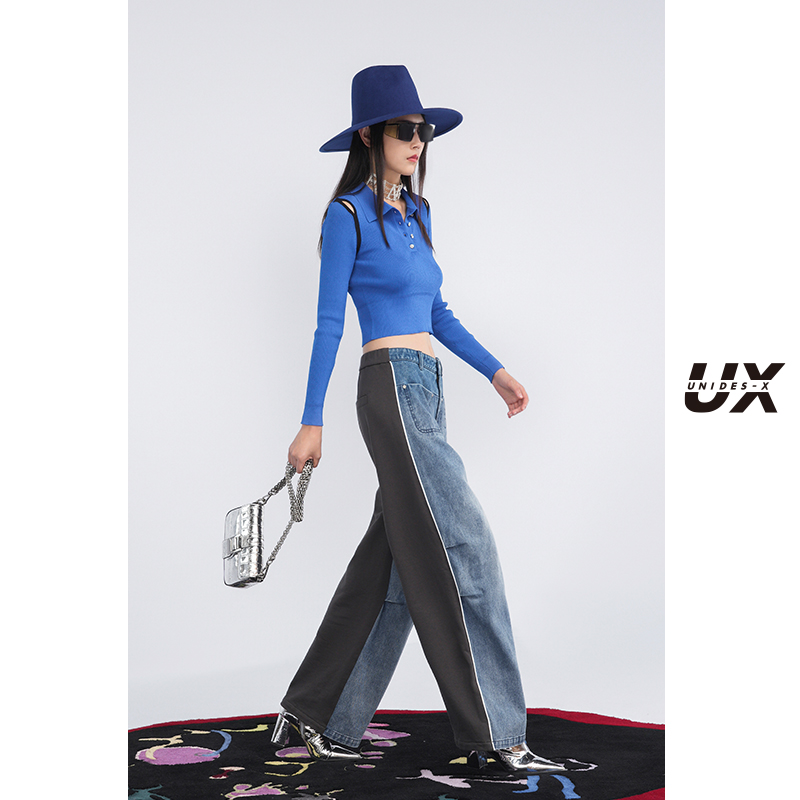 【呼呼严选专享】UX原创设计春季新款蓝色短款长袖针织毛衫辣妹风