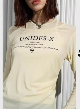 UX 2025新款 浅黄色两件套长袖T恤女 时尚小众上衣