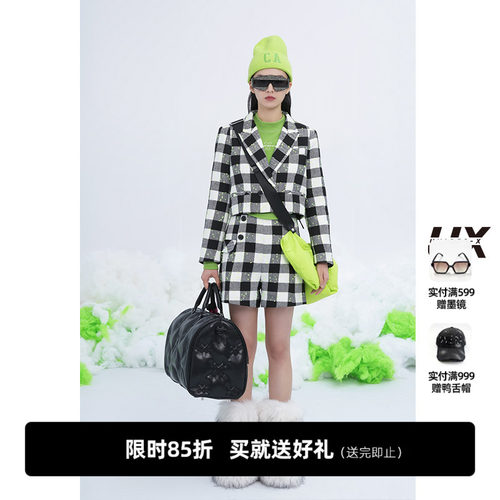UNIDES-X UXUX新款黑白格纹短裤格子条纹休闲女短裤