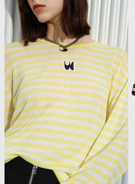 UX 2025春季新款 黄色条纹毛衫女 浅黄色长袖圆领宽松上衣 百搭