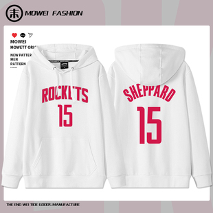 火箭队15号球衣谢泼德卫衣男美式休闲篮球训练服宽松连帽套头潮流