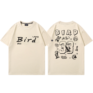 大鸟伯德涂鸦印花T恤男美式复古篮球衣服休闲宽松纯棉33号短袖夏