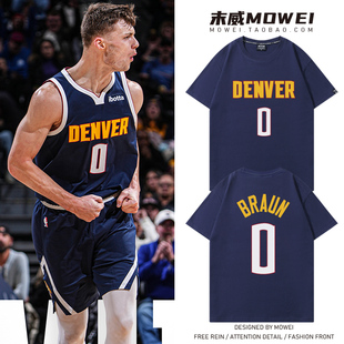 掘金队布劳恩0号篮球衣美式休闲运动训练服宽松纯棉短袖T恤夏季潮
