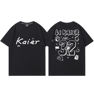 李凯尔涂鸦印花T恤男美式休闲训练服森林狼32号篮球衣夏季棉短袖