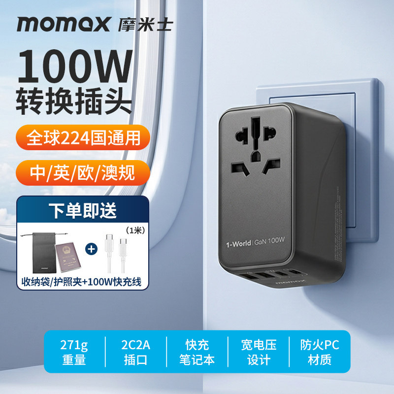 MOMAX摩米士100W氮化镓全球通用插头英欧快充充电器旅行转换出国适配iphone17苹果笔记本电脑多国快充插座