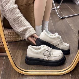 复古英伦风厚底松糕白色小皮鞋女2025新款秋冬一脚蹬法式乐福