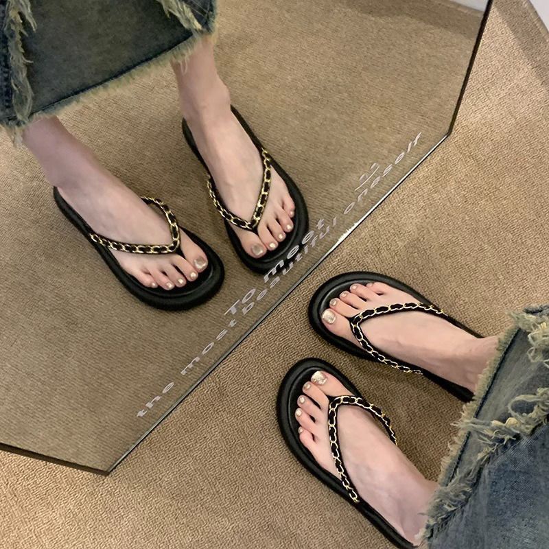 2025年新款网红高级感凉拖鞋女夏季外穿时尚百搭配裙子厚底人字拖