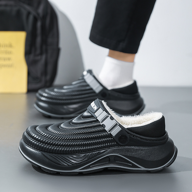 包跟棉拖鞋男冬季防水防滑保暖加绒加厚皮毛一体男士居家抗寒棉鞋