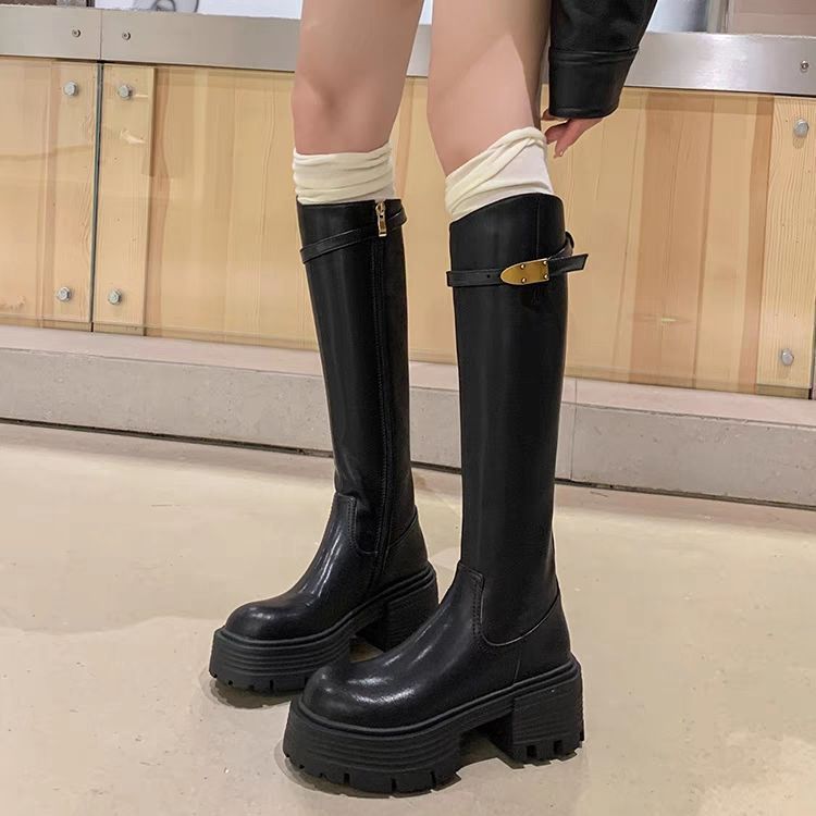 真皮英伦厚底小个子骑士靴锁扣硬筒直筒显瘦长筒靴高筒靴女长靴