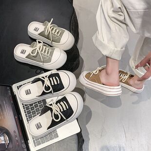 帆布鞋女款外穿女鞋时尚懒人拖鞋防滑鞋子女士小白鞋一脚蹬半拖鞋