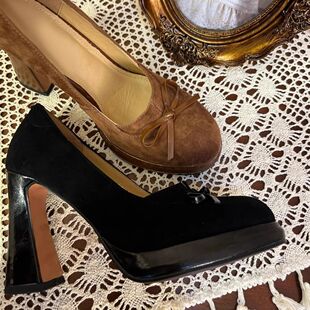 复古方头蝴蝶结小众高跟鞋女新款春秋防水台绒面厚底粗跟浅口单鞋