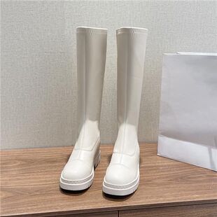 白色平底长筒骑士靴女鞋2025新款秋冬季棕色高筒瘦瘦靴中筒长靴子