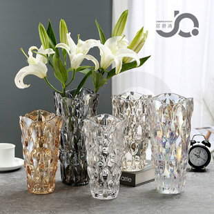 高级感摆件大件北欧轻奢水晶玻璃花瓶透明客厅玫瑰百合鲜花装 饰花