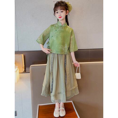 女童汉服衬衫半身裙中式春夏套装