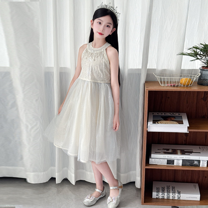 品牌女童连衣裙夏季2025新款洋气仙女风儿童挂脖无袖背心网纱裙子
