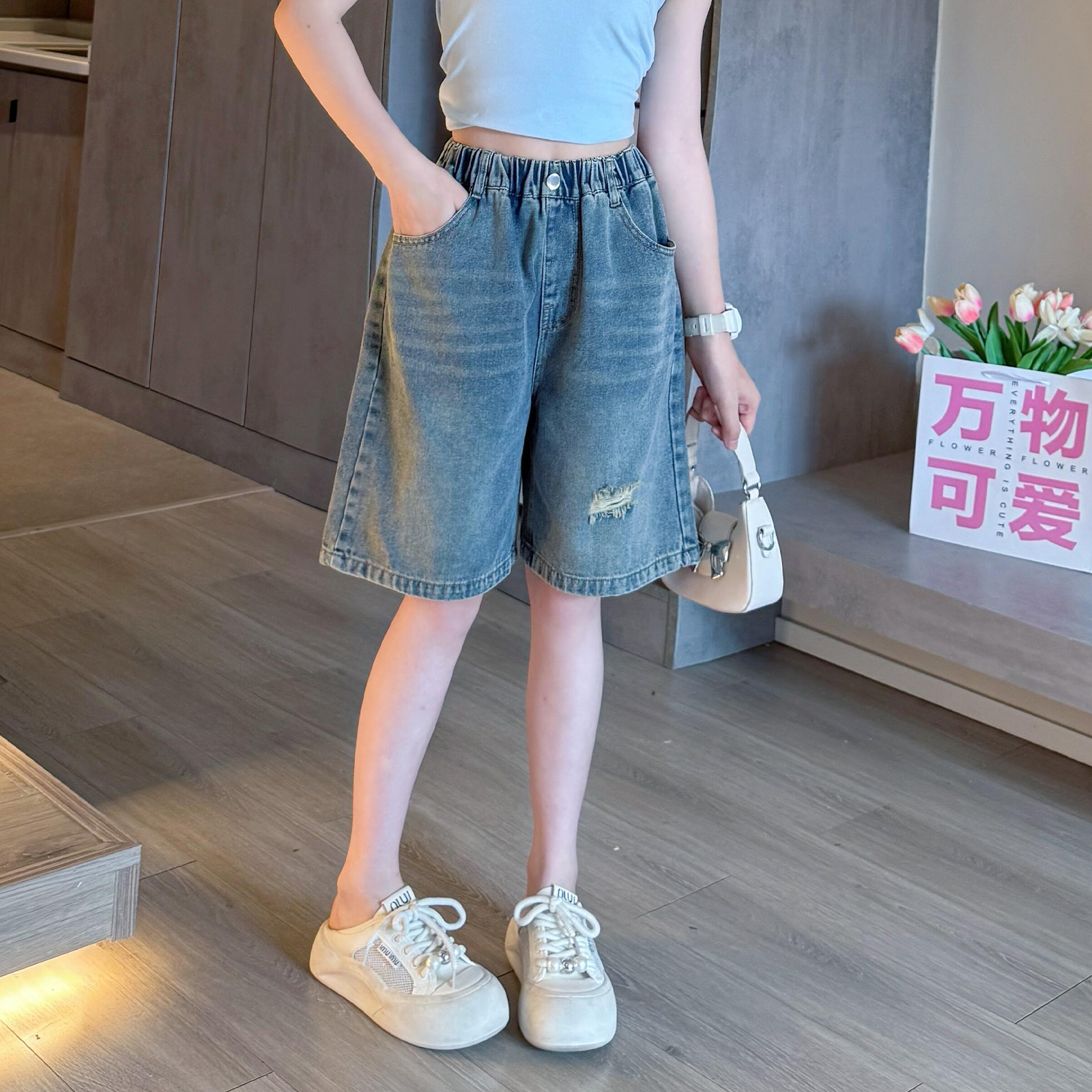 品牌女童夏季牛仔中裤2025新款洋气儿童外穿短裤大童女孩五分薄款