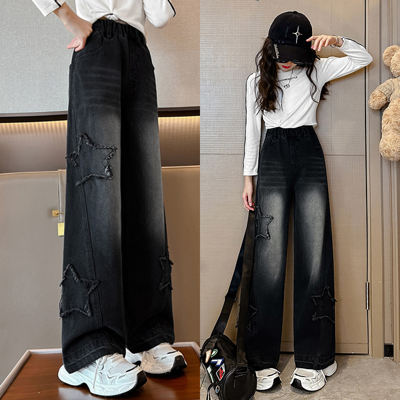 品牌女童黑色牛仔裤直筒2025夏季新款儿童阔腿裤女大童薄款裤子初
