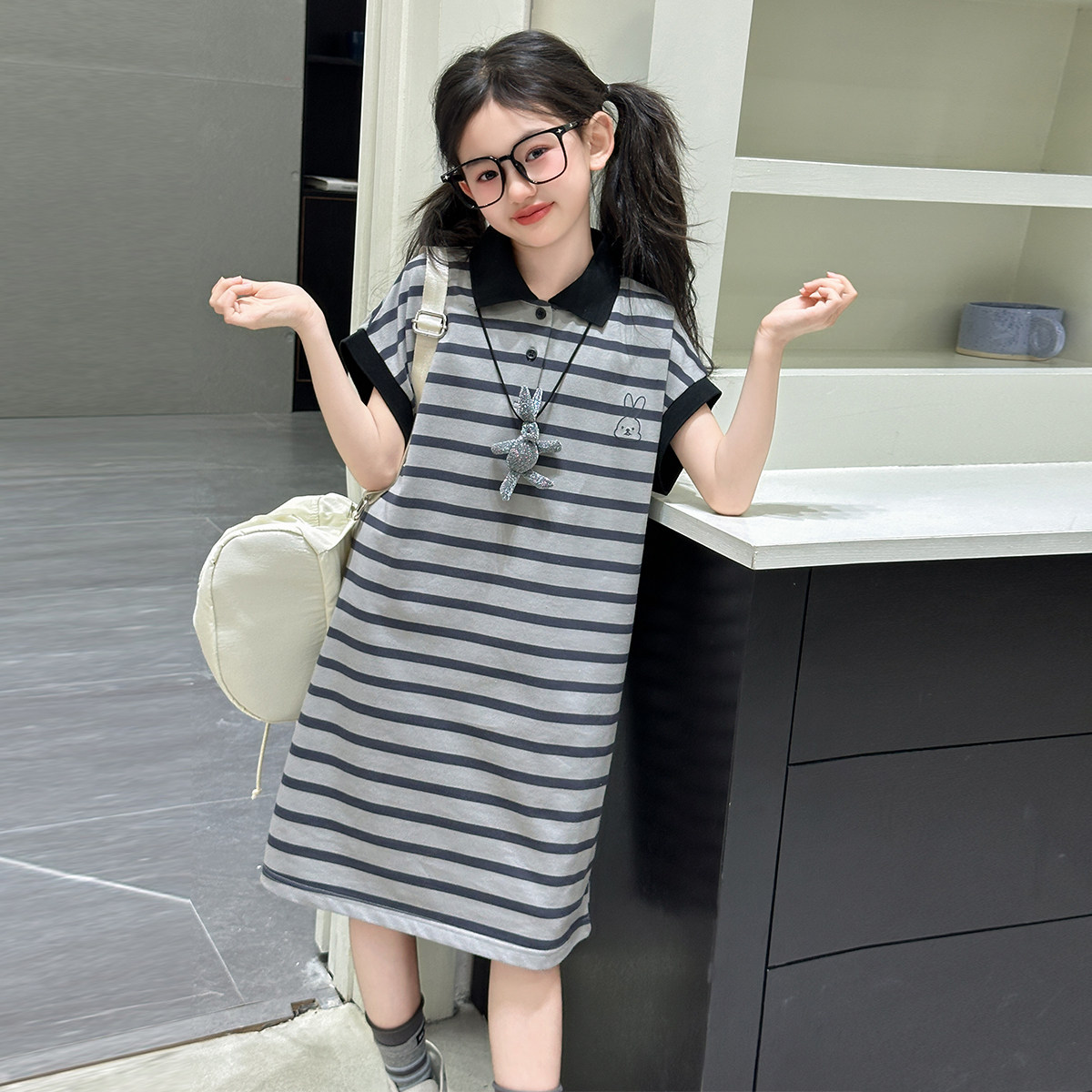 品牌女童polo领连衣裙夏装2025新款儿童夏天韩版洋气短袖T恤裙子