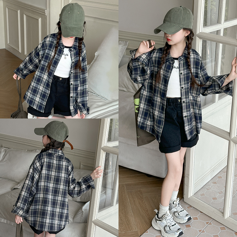 品牌女童衬衫长袖夏季2025新款儿童上衣女孩大童薄款格子衬衣防晒