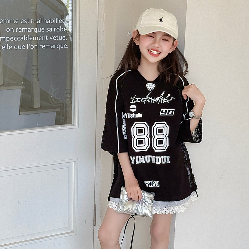 品牌女童短袖t恤2025新款夏季儿童美式运动黑色上衣中长款女孩夏