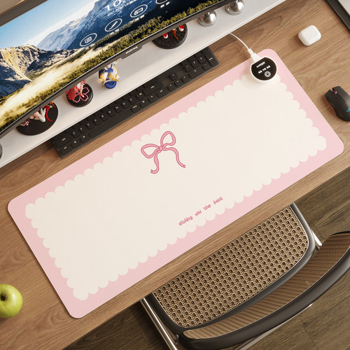 可爱蝴蝶结办公桌垫粉色长款电脑键盘垫桌面加热暖桌垫