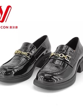 意尔康女鞋秋季2024新款乐福鞋女高跟单鞋粗跟小皮鞋S562AB04867U