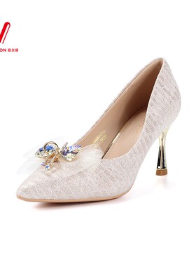 意尔康2024新款女鞋高跟鞋女细跟尖头浅口新娘鞋单鞋S152GA00654U