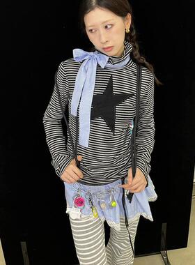 Ttsunami 2024秋冬原创“五角星”条纹 针织弹力亲肤料长袖打底衫