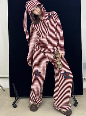 Ttsunami25SS 原创设计兔耳朵帽暖暖亲肤红灰条纹睡衣家居服套装