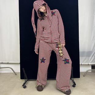 Ttsunami25SS 原创设计兔耳朵帽暖暖亲肤红灰条纹睡衣家居服套装
