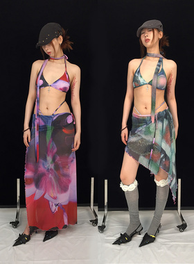 Ttsunami24SS 原创设计网纱印花分体泳衣比基尼小围巾泳裙四件套