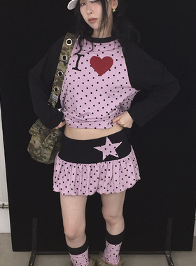 Ttsunami25SS 原创设计波点拼接黑粉双色低腰压褶花苞裙蓬蓬裙