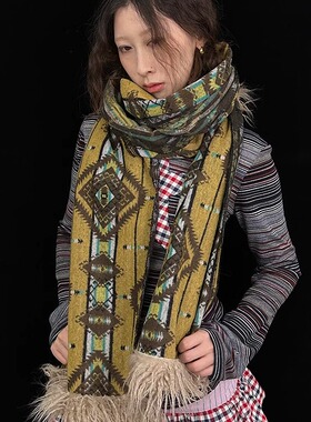 Ttsunami2024秋冬原创超长重工可爱民族花纹拼接毛毛保暖百搭围巾
