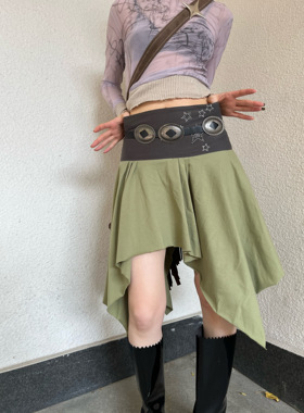 Ttsunami原创设计撞色拼接不规则半裙烫钻设计感叠褶百搭显瘦半裙