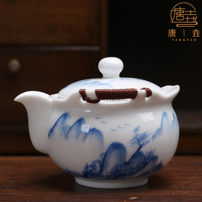 青花手绘防烫茶壶陶瓷大号泡茶壶山水盖碗茶杯家用功夫茶具快客杯