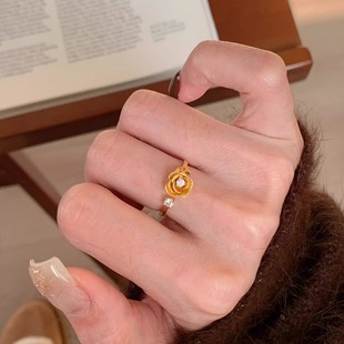 玫瑰花戒指纯银拉丝花朵中古戒指开口女金色复古轻奢高级感食指戒