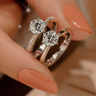 正品D色莫桑石钻戒女1克拉铂金六爪闭口仿真钻求婚结婚戒指送女友