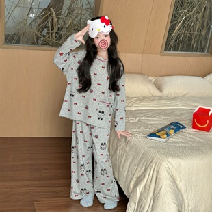 哈喽kt中大童韩版睡衣纯棉kitty猫家居服秋季长袖套装两件套女孩