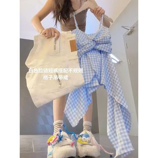 搭配一整套女洋气不规则格子吊带上衣牛仔短裤 RIERA2025夏季 两件