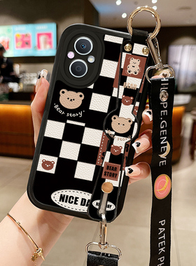 斜挎小羊皮方块熊适用oppoa97手机壳a36女a72新款a55s散热poopa57腕带findx3/5ppro潮牌a96防摔a53可背绳a93S