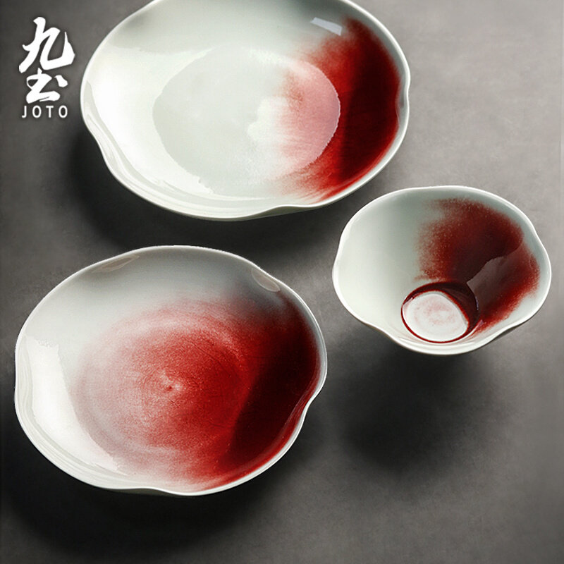 九土日式手工陶瓷碗盘花瓣盘家用平盘甜品西餐盘沙拉餐盘创意餐具