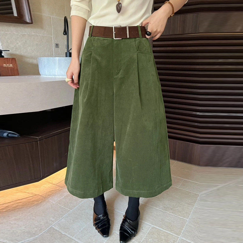 韩系复古显瘦灯芯绒八分裤女春秋季高腰宽松休闲百搭条绒阔腿裤