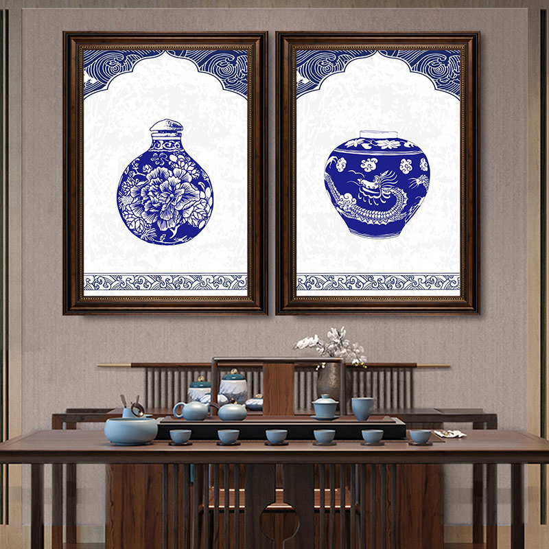 中式青花瓷挂画工艺品店陶瓷花瓶装饰画火锅店走廊过道复古墙面画图片