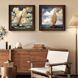 海景帆船日出油画装饰画客厅餐厅卧室玄关背景墙挂画美式复古壁画