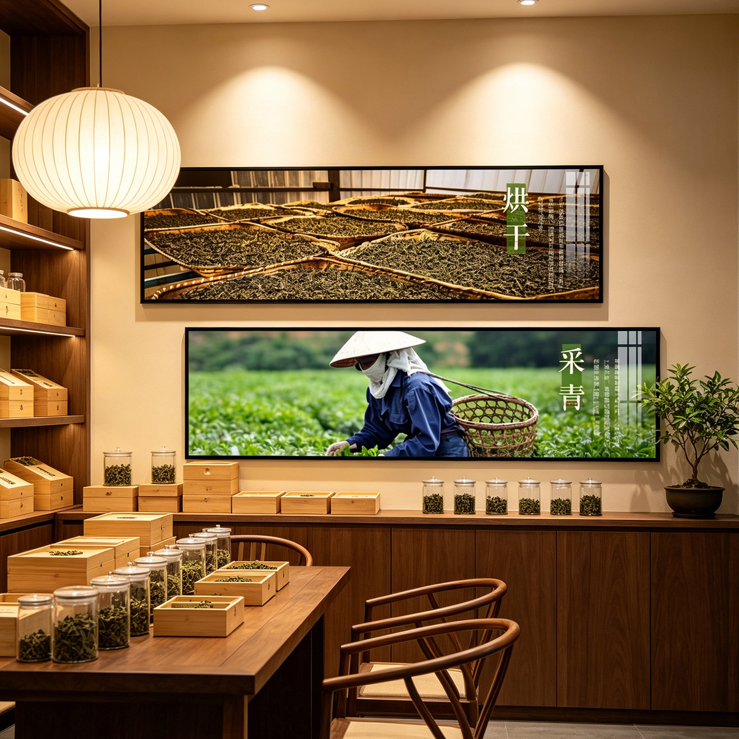 新中式茶室装饰画茶叶店茶楼背景墙长条壁画制茶摇青茶文化墙画
