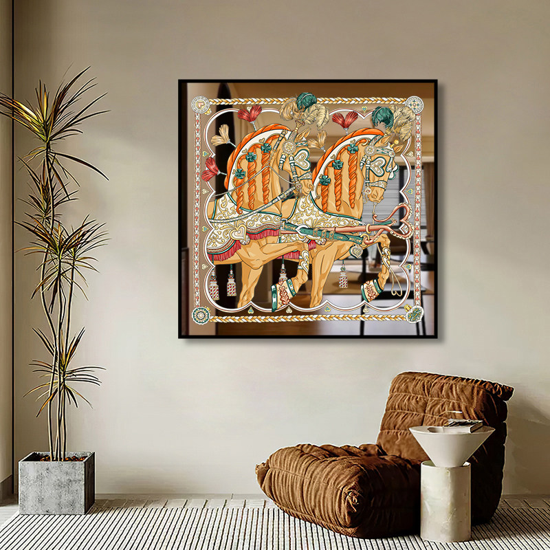 骏马丝巾镜子装饰画客厅轻奢高级感马鞍镜面画高档餐厅欧式挂画