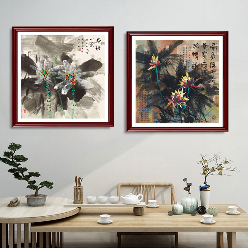 黄永玉荷花图国画客厅背景墙挂画入户进门玄关装饰画中式餐厅壁画图片